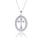 Sterling Silver Rhodium Plated Clear CZ Oval Border Cross Pendant Necklace