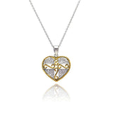 Sterling Silver Necklace with Fancy Two-Toned Heart Inlaid with Clear Czs Cross and Vine Design Pendant