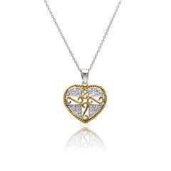 Sterling Silver Necklace with Fancy Two-Toned Heart Inlaid with Clear Czs Cross and Vine Design Pendant