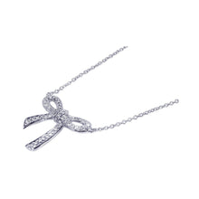 Load image into Gallery viewer, Sterling Silver Necklace with Trendy Paved Czs Ribbon Pendant