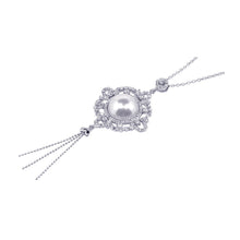 Load image into Gallery viewer, Sterling Silver Necklace with Paved Czs Cluster Pendant Centered with White Pearl and Hanging Three Strands Chain