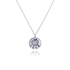 Sterling Silver Necklace with Round Plate Paved Heart and Love Design Pendant