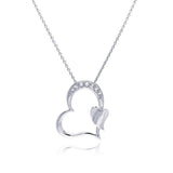 Sterling Silver Necklace with Fancy Open Heart Inlaid with Clear Czs and Small Plain Heart Pendant