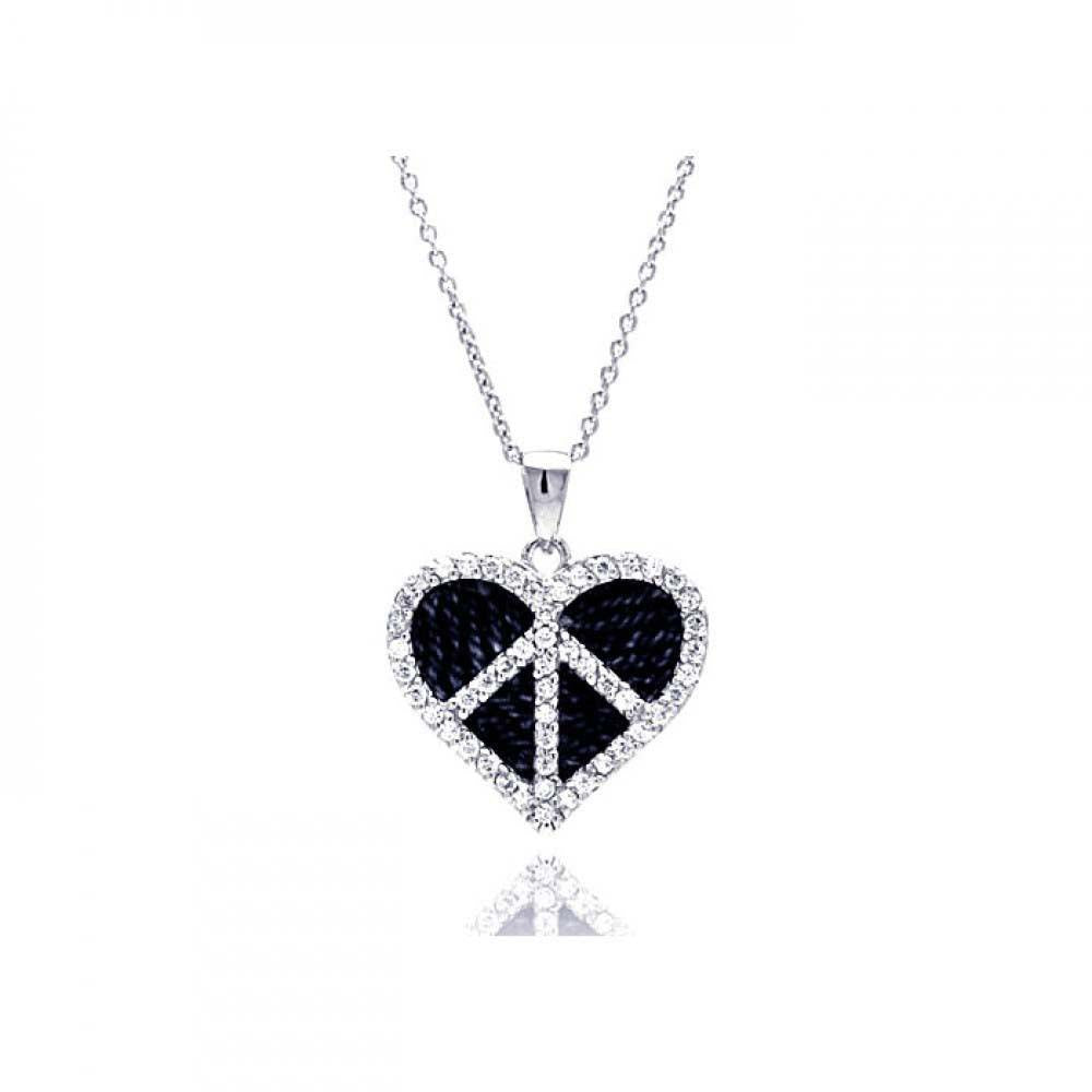 Sterling Silver Necklace with Dark Blue Peace Sign Heart Inlaid with Clear Czs Pendant