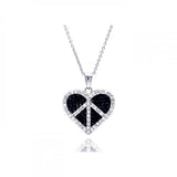 Sterling Silver Necklace with Dark Blue Peace Sign Heart Inlaid with Clear Czs Pendant