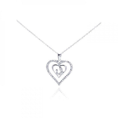Sterling Silver Necklace with Mom and Son Heart Inlaid with Clear Czs Pendant