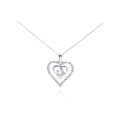 Sterling Silver Necklace with Mom and Son Heart Inlaid with Clear Czs Pendant