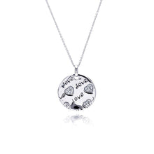 Load image into Gallery viewer, Sterling Silver Necklace with Disc Pendant  Love  Engraved and Heart Design Inlaid with Clear Czs