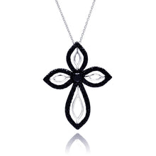 Load image into Gallery viewer, Sterling Silver Rhodium and Black Rhodium Plated Clear and Black CZ Cross Pendant Necklace