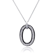 Load image into Gallery viewer, Sterling Silver Necklace with Fancy Open Oval Pendant with Micro Paved Clear Czs and Black Czs Edge