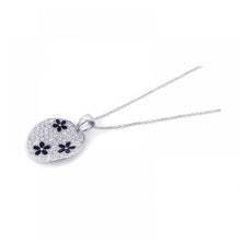 Load image into Gallery viewer, Sterling Silver Necklace with Fancy Paved Czs Flat Disc Pendant with Black Flowers Design
