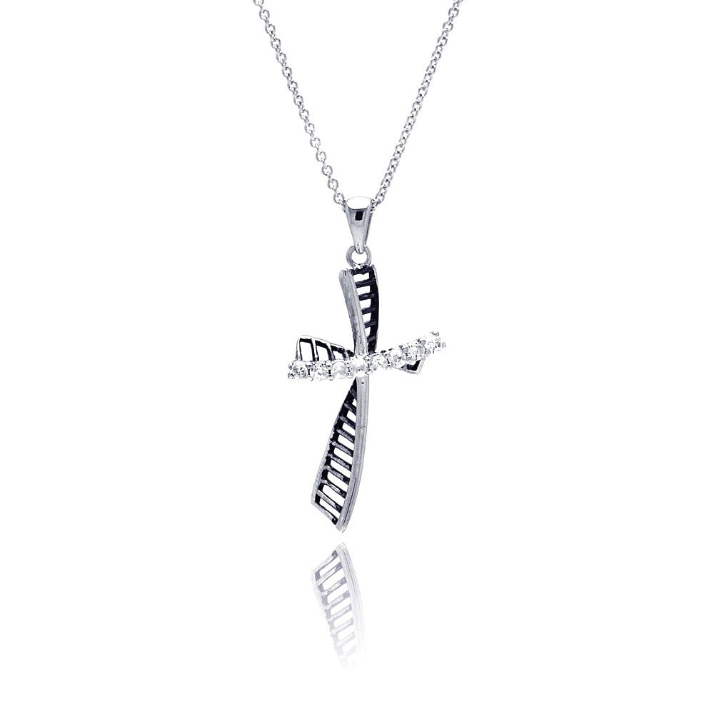 Sterling Silver Rhodium Plated Clear CZ Cross Pendant Necklace
