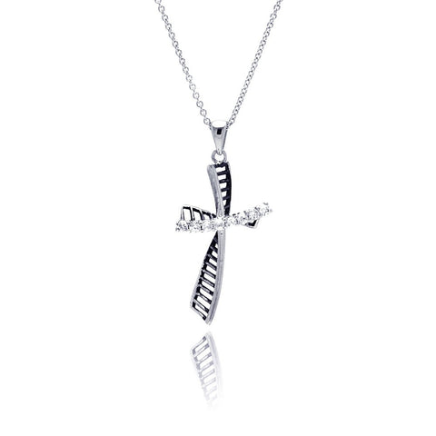 Sterling Silver Rhodium Plated Clear CZ Cross Pendant Necklace