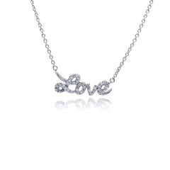 Sterling Silver Rhodium Plated Necklace with Fancy Word  Love  Inlaid with Clear Czs Pendant