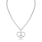 Sterling Silver Rhodium Plated Double Chain Heart Peace Clear CZ Necklace