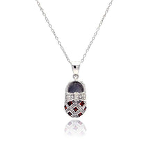 Load image into Gallery viewer, Sterling Silver Necklace with Fashion Baby Shoe Inlaid with Clear and Garnet Czs Pendant