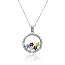 Load image into Gallery viewer, Sterling Silver Necklace with Fancy Paved Czs Glass Round Pendant with Multi-Colored Cz Flower Charms Inside