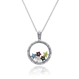 Sterling Silver Necklace with Fancy Paved Czs Glass Round Pendant with Multi-Colored Cz Flower Charms Inside