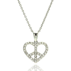 Sterling Silver Rhodium Plated Heart Peace Sign CZ Pendant Necklace