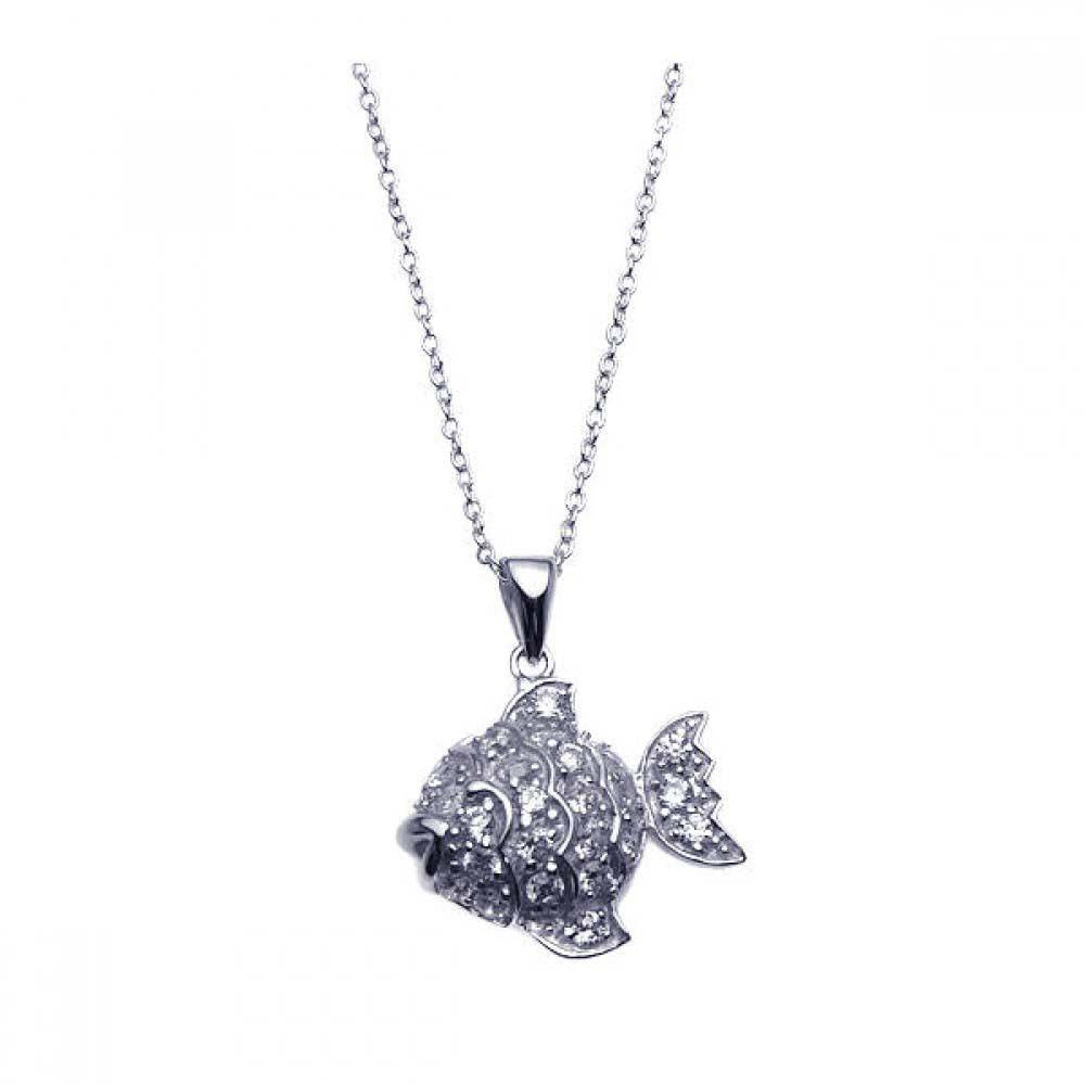Sterling Silver Necklace with Fancy Paved Czs Fish Pendant