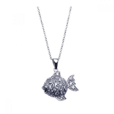 Sterling Silver Necklace with Fancy Paved Czs Fish Pendant
