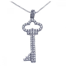 Load image into Gallery viewer, Sterling Silver Necklace with Paved Clear Czs Crown Key Pendant