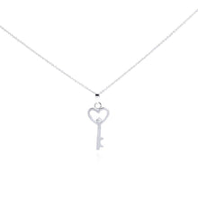 Load image into Gallery viewer, Sterling Silver Necklace with Flat Heart Key and Centered Single Clear Cz Pendant