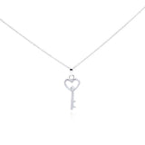Sterling Silver Necklace with Flat Heart Key and Centered Single Clear Cz Pendant