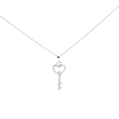 Sterling Silver Necklace with Flat Heart Key and Centered Single Clear Cz Pendant