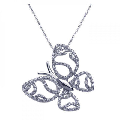 Sterling Silver Necklace with Fancy Paved Cut-Out Butterfly Pendant
