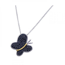 Load image into Gallery viewer, Sterling Silver Necklace with Paved Black Czs Butterfly Pendant with Centered Gold Plated Line Design