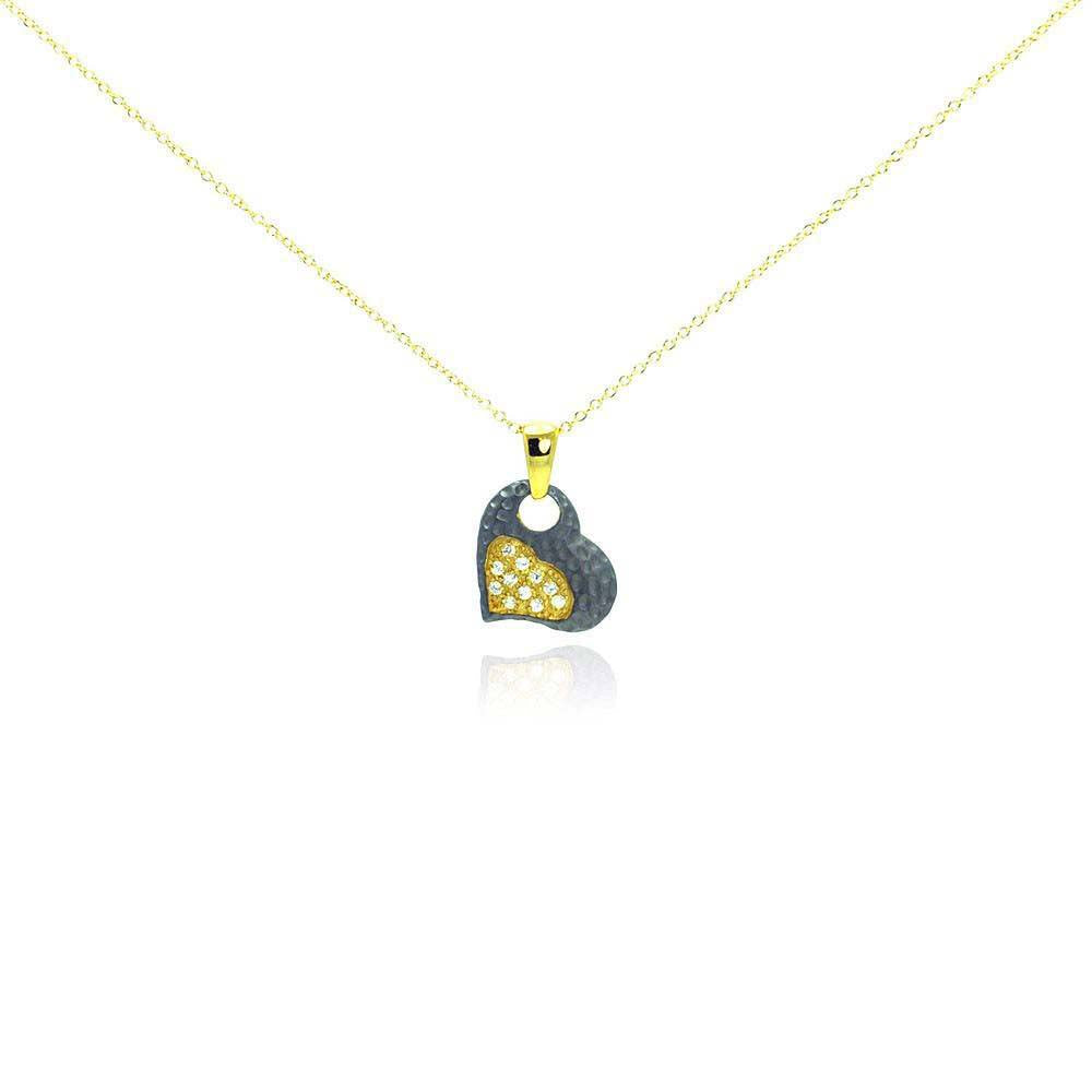 Sterling Silver Gold Plated Necklace with Two-Toned Small Hammered Heart Inlaid with Clear Czs Pendant