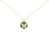 Sterling Silver Gold Plated Necklace with Small Round Pendant Inlaid with Clear Czs Butterfly Design