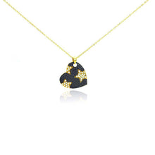 Load image into Gallery viewer, Sterling Silver Gold Plated Necklace with Two-Toned Hammered Heart with Stars Design Inlaid with Clear Czs Pendant