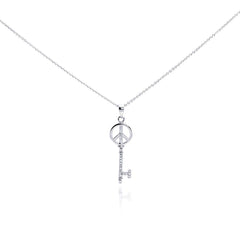 Sterling Silver Necklace with Peace Sign Inlaid with Clear Czs Pendant