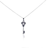 Sterling Silver Necklace with Black Rhodium Plated Fancy Filigree Heart Key Inlaid with Clear Czs Pendant