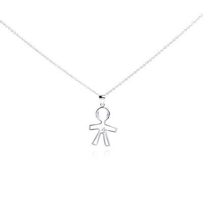 Sterling Silver Necklace with Plain Boy Inlaid with Single Clear Cz Pendant