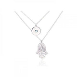 Sterling Silver Rhodium Plated Clear CZ Hamsa Pendant Necklace