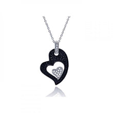 Load image into Gallery viewer, Sterling Silver Necklace with Fancy Double Heart Inlaid with Clear and Black Czs Pendant
