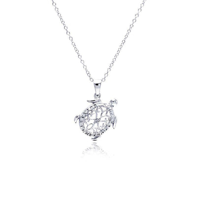 Sterling Silver Necklace with Filigree Turtle Inlaid with Clear Czs Pendant