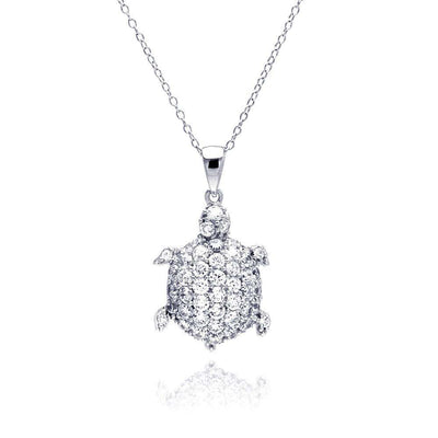 Sterling Silver Necklace with Fancy Turtle Covered with Clear Czs Pendant