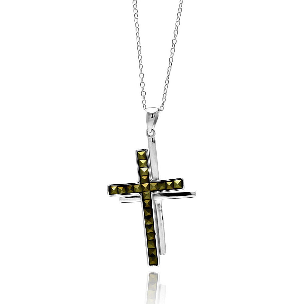 Sterling Silver Rhodium Plated Clear CZ Cross Pendant Necklace