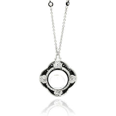 Sterling Silver Necklace with Fancy Black Rhodium Plated Flower Shaped Inlaid with Clear Cz and Centered White Stone PendantAnd Pendant Diameter of 22.4MMAnd Stone Size: 8.9MM