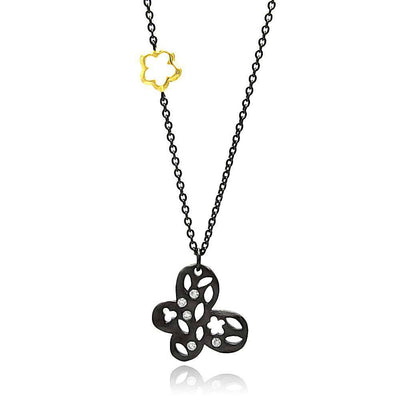 Sterling Silver Black Rhodium Plated Necklace with Gold Plated Flower Connector and Fancy Butterfly Inlaid with Clear Czs PendantAnd Chain Length of 16 -18  AdjustableAnd Pendant Dimensions: 20MMx20MM