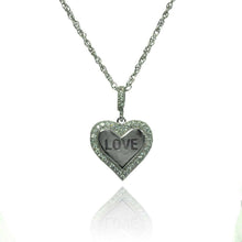 Load image into Gallery viewer, Sterling Silver Necklace with High Polished Heart Pendant with  LOVE  Engraved and Inlaid with Clear Czs EdgeAnd Pendant Dimensions of 18MMx13MM