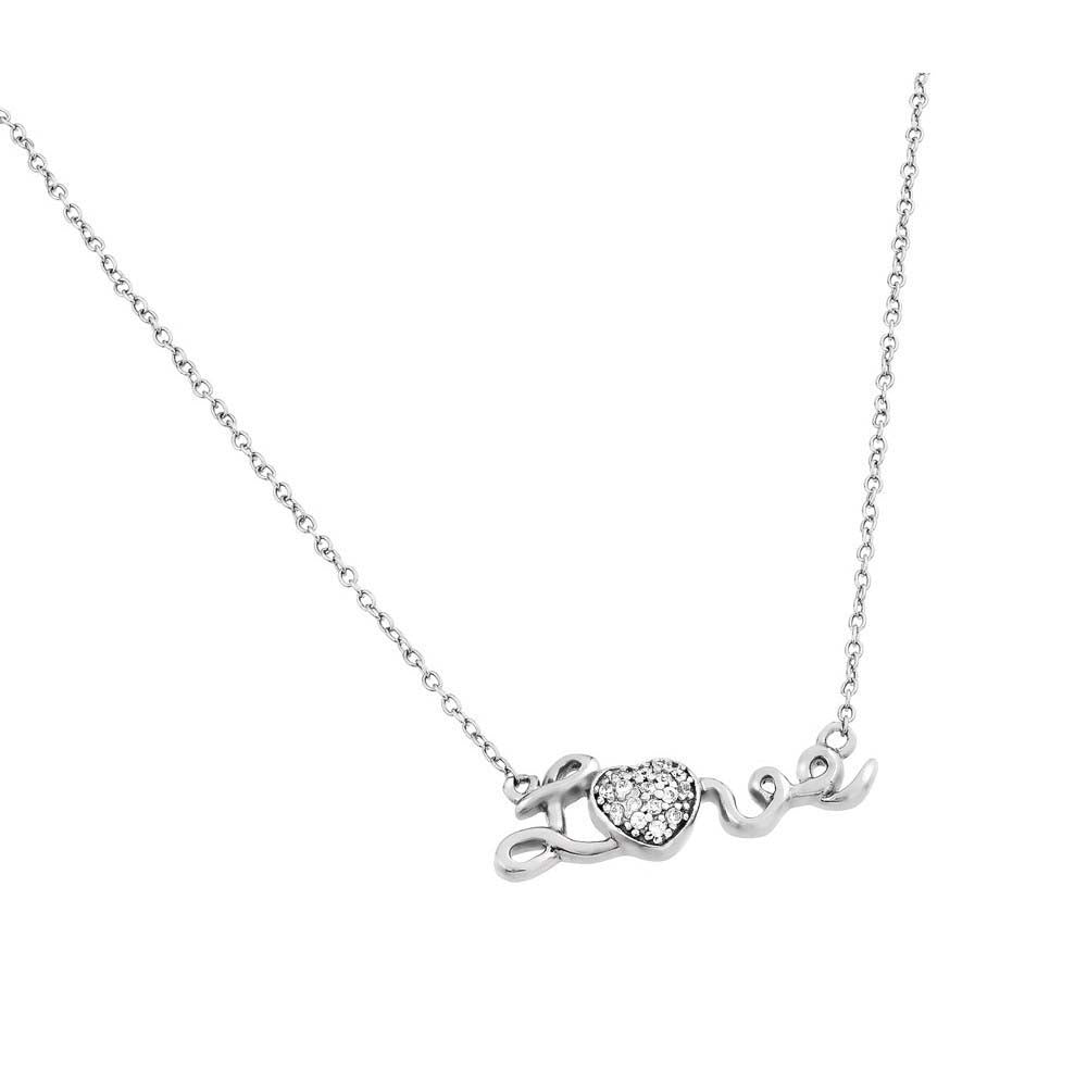 Sterling Silver Rhodium Plated Clear CZ Love Heart Pendant Necklace
