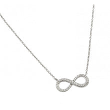 Load image into Gallery viewer, Sterling Silver Rhodium Plated Necklace with Modish Infinity Pendant Inlaid with Clear CzsAnd Chain Length of 18 And Pendant Dimensions: 19.8MMx9.2MM