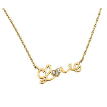 Load image into Gallery viewer, Sterling Silver Gold Plated Necklace with Word  Love  Inlaid with Clear Czs PendantAnd Chain Length of 16  with 2  ExtensionAnd Pendant Dimensions: 26.2MMx11.5MM