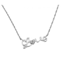 Load image into Gallery viewer, Sterling Silver Rhodium Plated Necklace with Word  Love  Inlaid with Clear Czs PendantAnd Chain Length of 16  with 2  ExtensionAnd Pendant Dimensions: 26.2MMx11.5MM