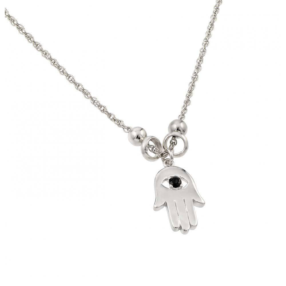 Sterling Silver Fancy Necklace with Black Cz Evil Eye Hamsa PendantAnd Chain Length of 18  AdjustableAnd Pendant Dimensions: 17.7MMx10.5MM